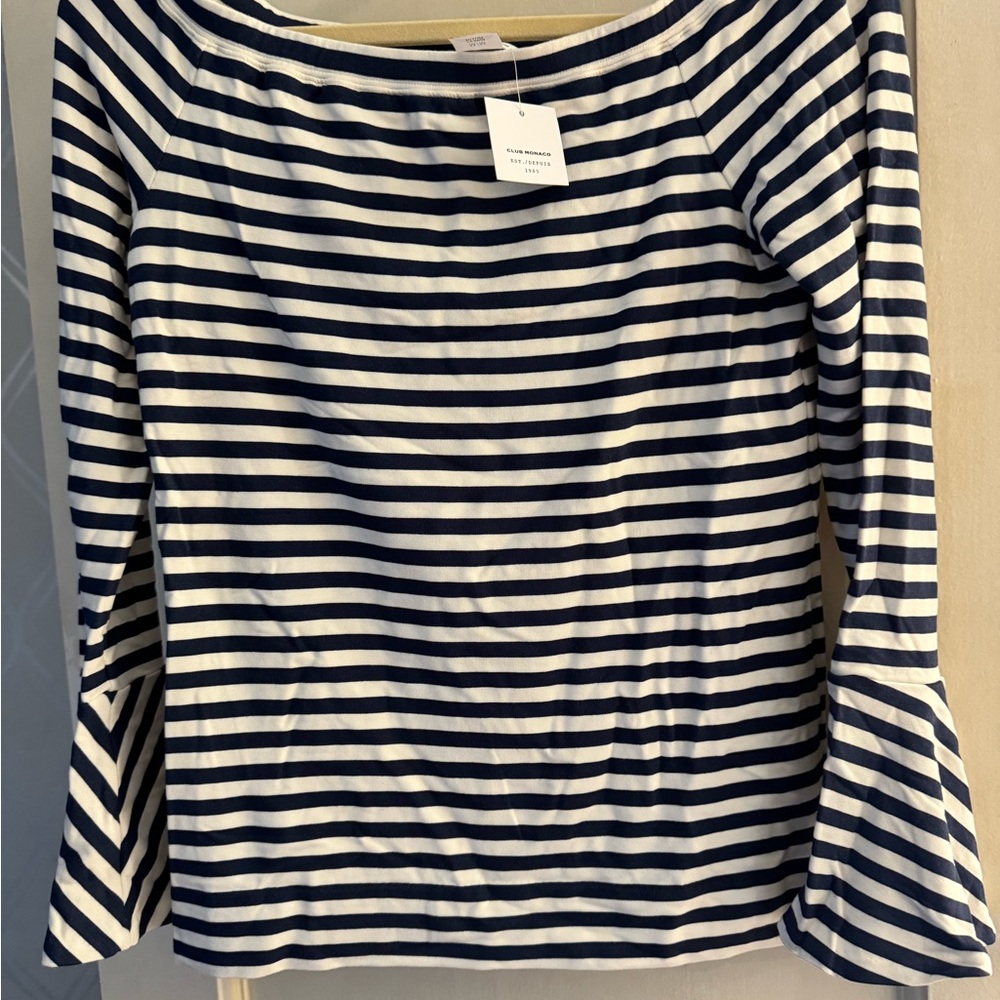 Club Monaco Navy and White Striped Bell Sleeve Top Medium - Picture 3 of 8